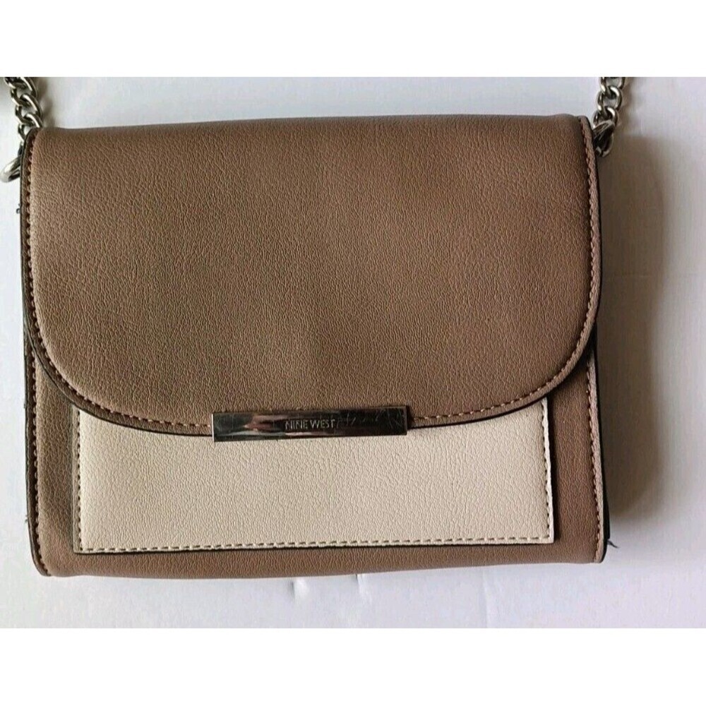 Nine West Mittens Crossbody Bag Wallet Purse Brown Beige Chain Strap Minimalist - Picture 3 of 11